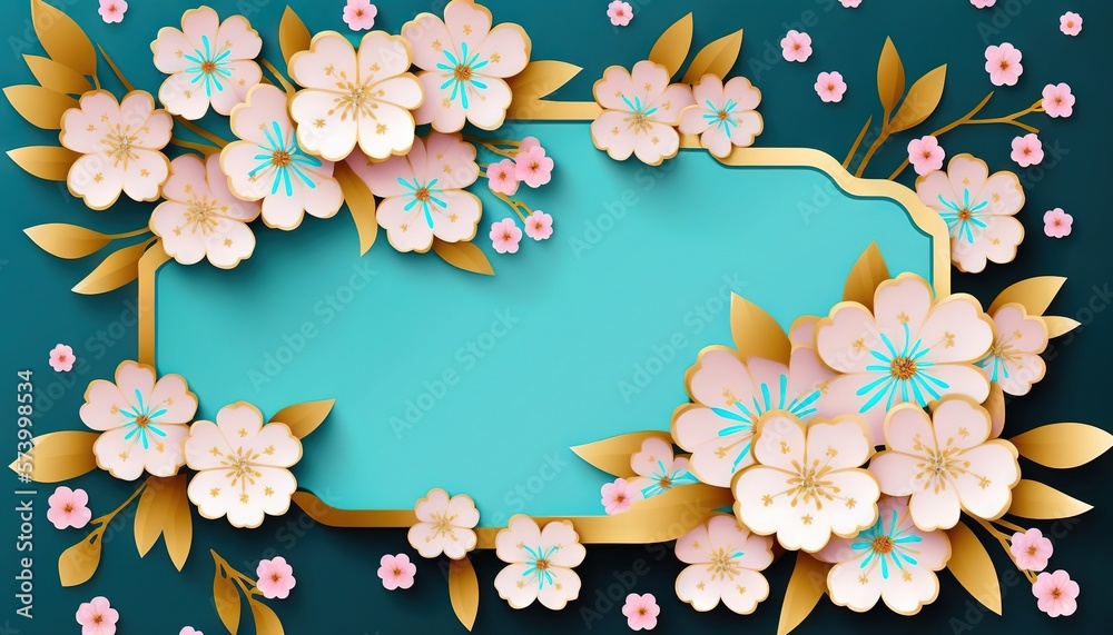  a blue background with flowers and a gold frame on the bottom of it, with a blue background with go