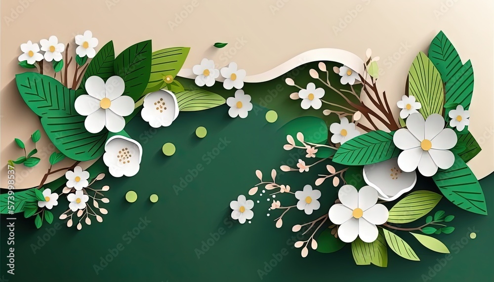  a paper art of flowers and leaves on a green background with a white ribbon and a green background 