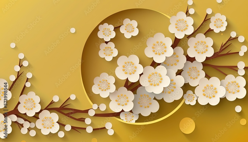  a paper cut of a branch with white flowers on it and a yellow background with circles around it and