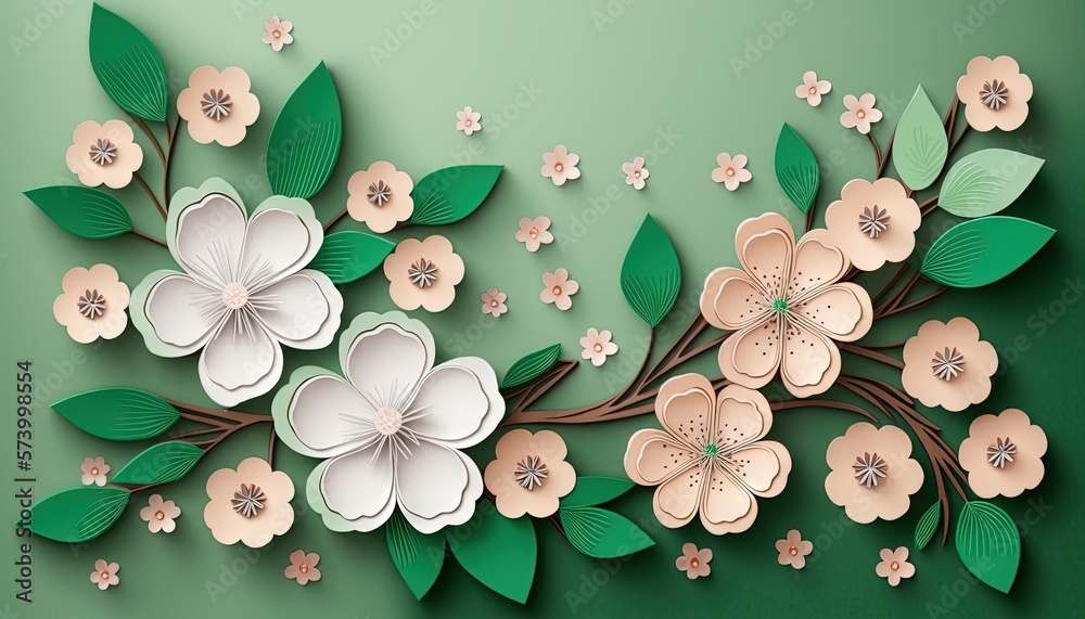  a paper art of flowers and leaves on a green background with space for your text or image to be pla