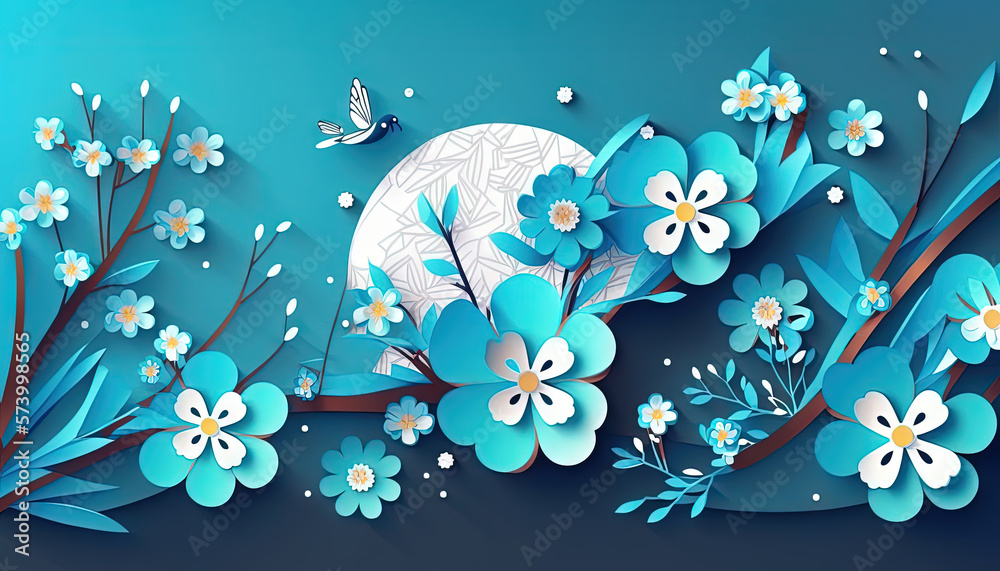  a paper cut of flowers and a bird flying over it with a full moon in the background and a blue back