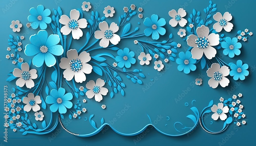  a blue and white floral background with a blue border and white flowers on it, and a blue backgroun