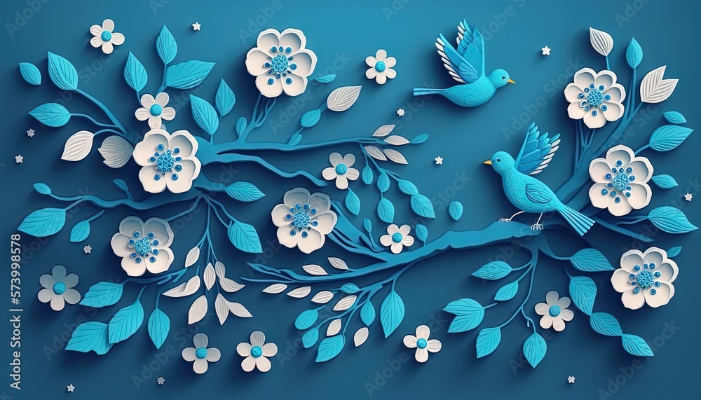  a paper cut of a bird and flowers on a branch with leaves and flowers on a blue background with whi