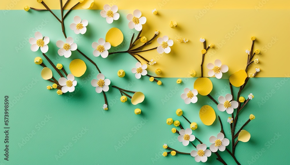  a branch of a tree with white and yellow flowers on a green and yellow background with yellow and w