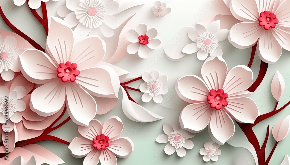  a bunch of pink flowers on a white background with red stems and leaves on the bottom of the image,