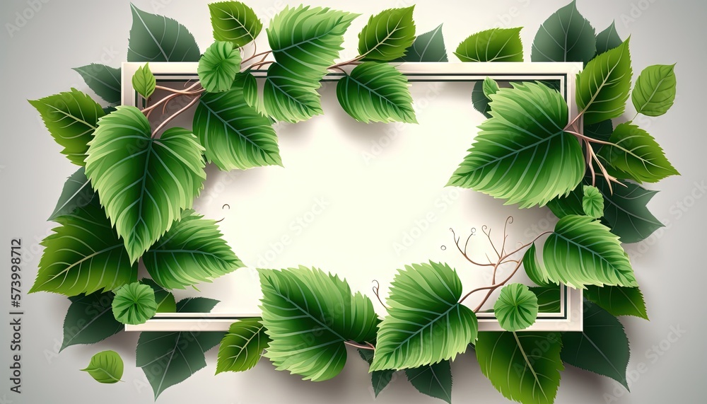  a square frame with green leaves on a white background with a place for a text or a picture or an i