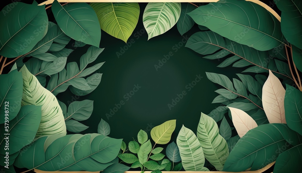  a picture frame with a bunch of green leaves around it on a black background with a gold border aro