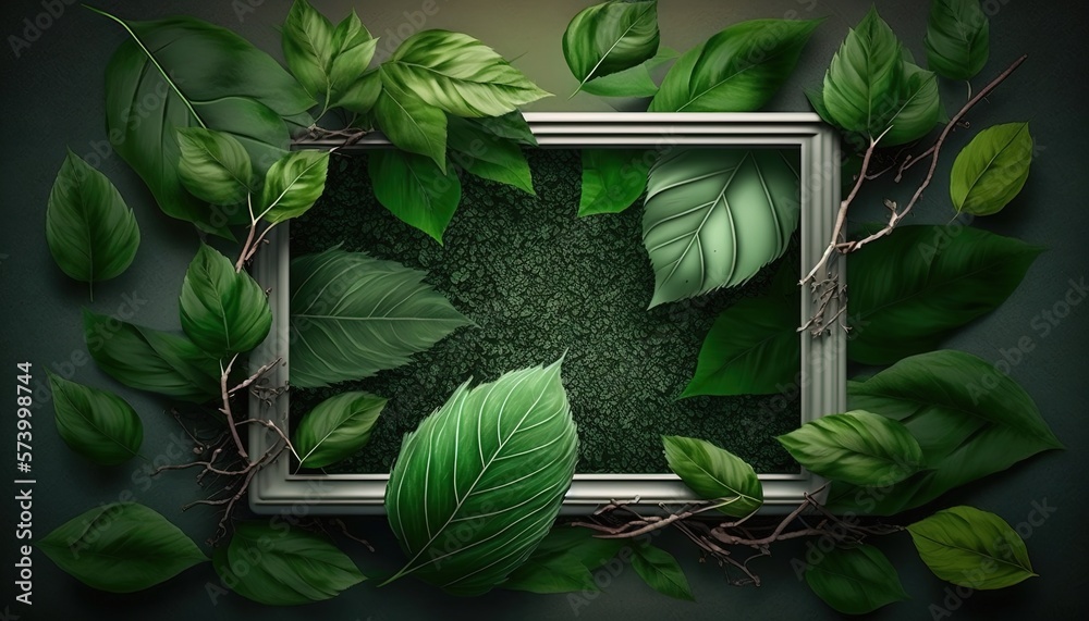  a picture frame surrounded by green leaves and twigs on a dark background with a white frame in the