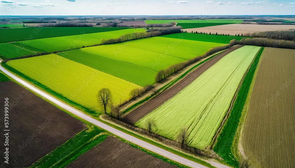 Generative AI, Farm landscape, agricultural fields, beautiful countryside, country road. Nature Illu