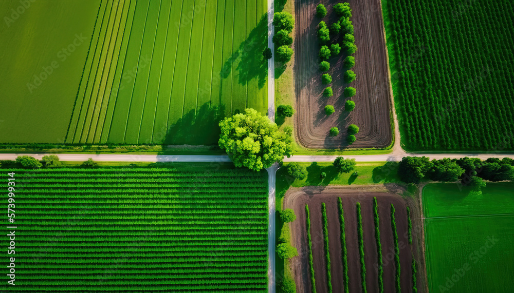 Generative AI, Farm landscape, agricultural fields, beautiful countryside, country road. Nature Illu