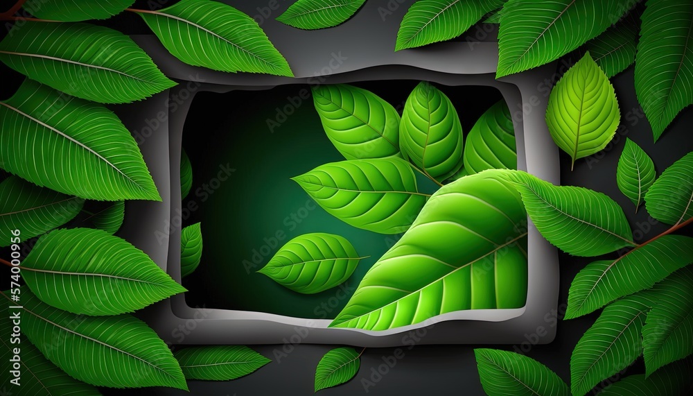  a square frame with green leaves surrounding it on a dark background with a green light in the midd