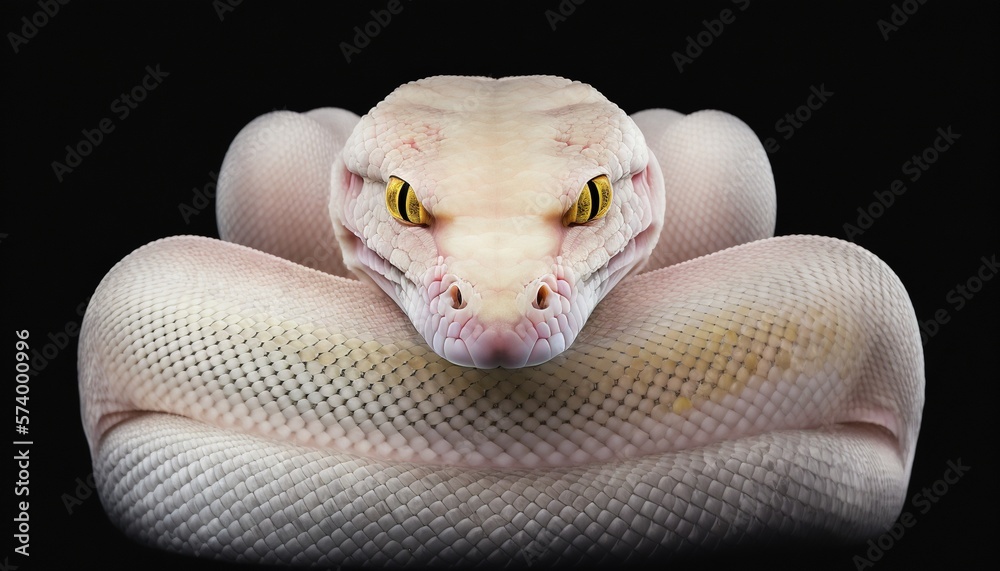  a white snake with a yellow eye and a black background with a black background and a white snake wi