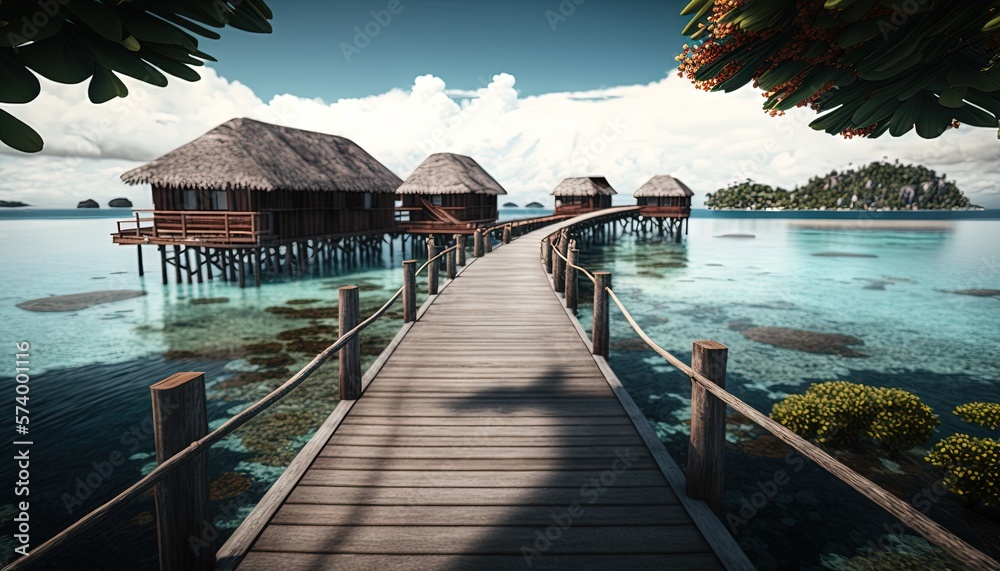  a wooden dock leading to a small island with huts on its sides and a dock leading to another small