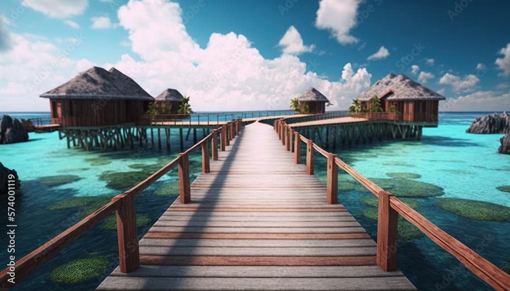  a wooden dock leading to a small island with thatched huts in the water and a dock leading to a sma