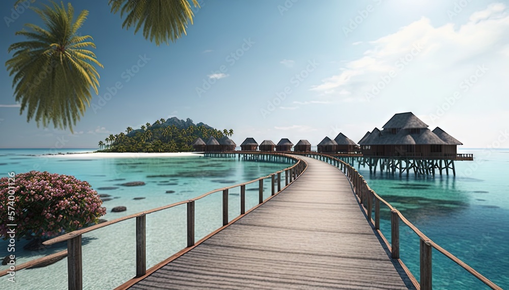  a wooden walkway leads to a pier with huts in the water and palm trees on the shore of a tropical i