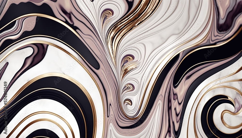  an abstract painting with gold and black swirls on a white and black background with a black and go