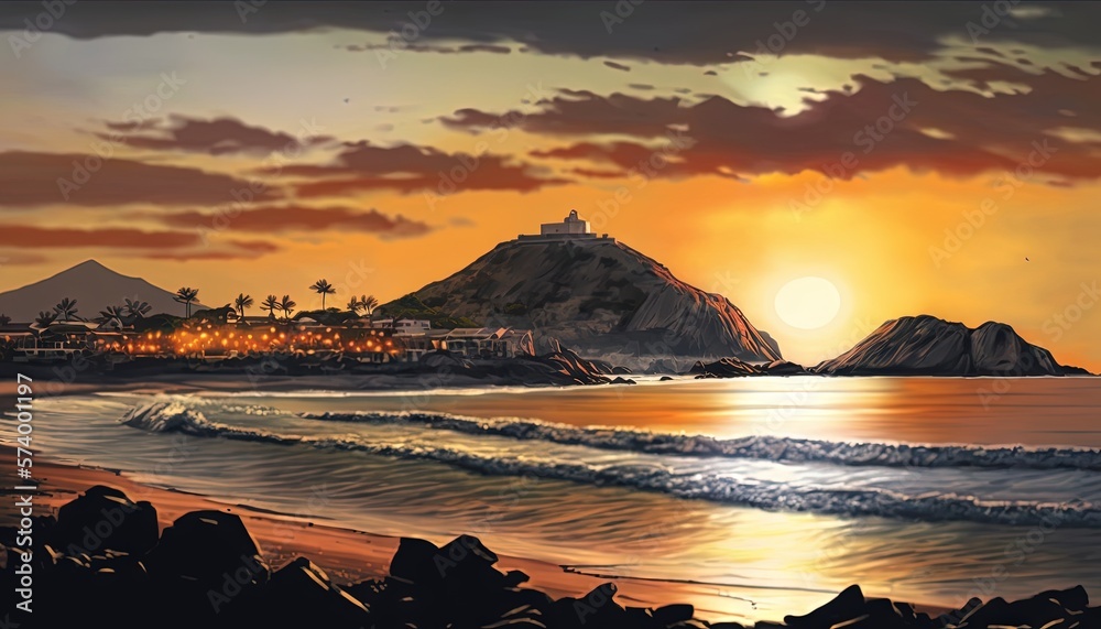  a painting of a sunset over the ocean with a city in the distance and a beach in the foreground wit