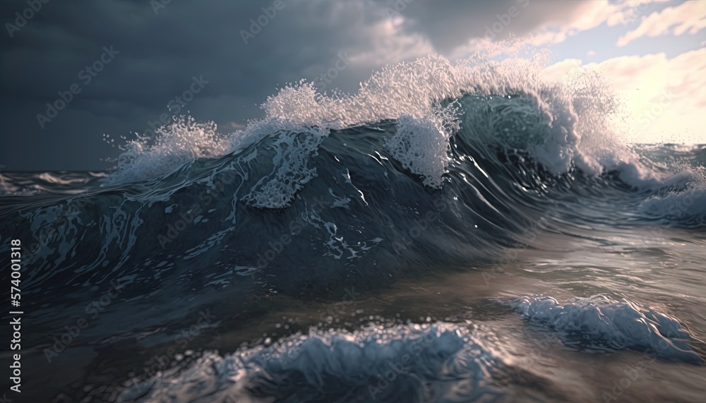  a painting of a wave in the ocean with a cloudy sky in the background of the picture is a photo of 