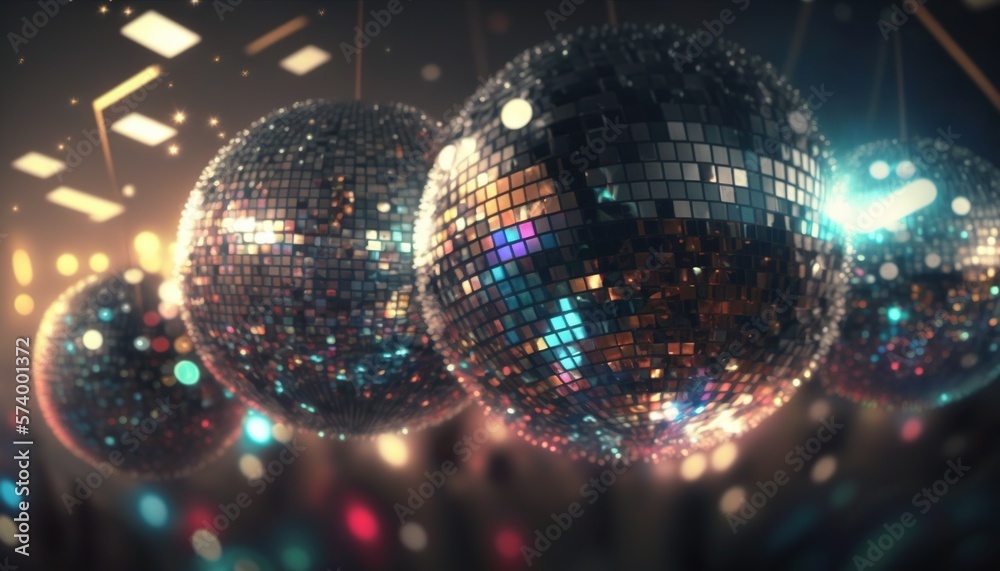  a group of shiny disco balls in a dark room with lights on the ceiling and a disco ball in the midd