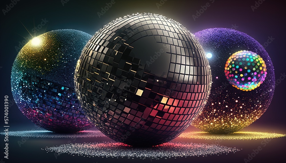  three shiny disco balls on a dark background with sparkles and sparkles on the sides of the balls, 