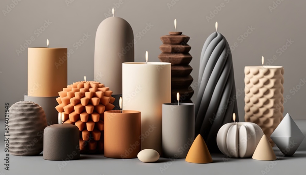  a group of candles sitting next to each other on top of a table with different shapes and sizes of 