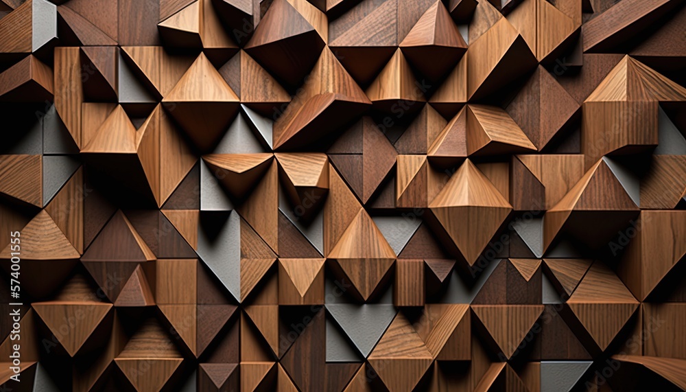  a wall made up of wooden pieces of different shapes and sizes, with a black background and a black 