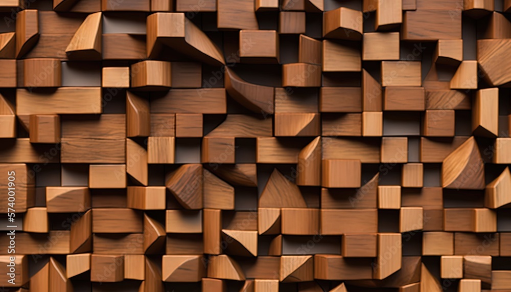  a wall made up of wooden blocks and pieces of wood that are brown and brown with a black background