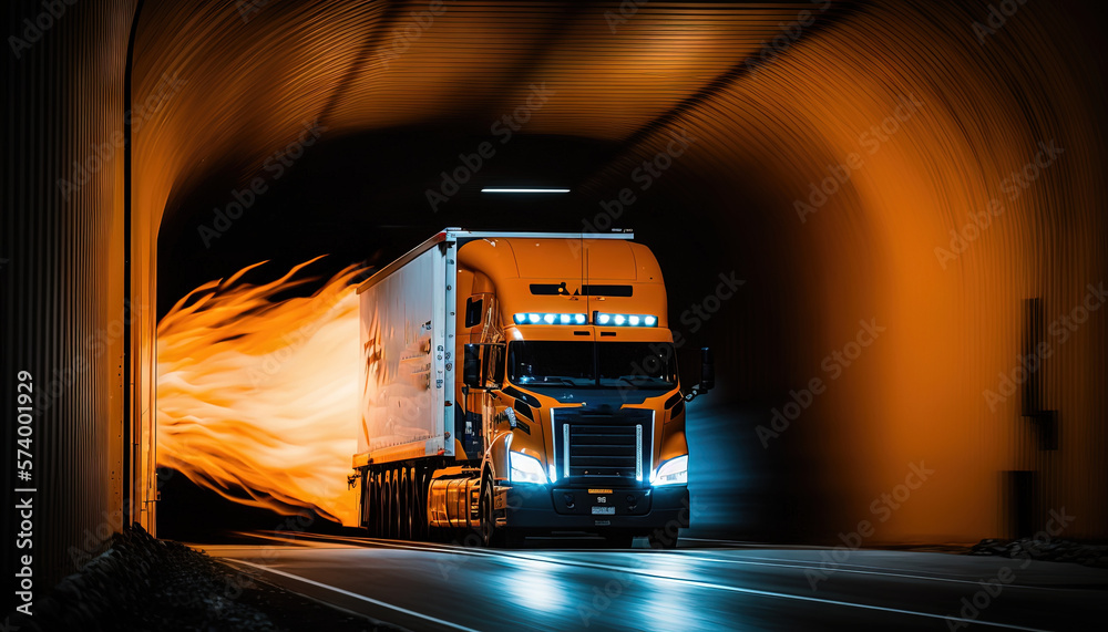  a semi truck driving through a tunnel with flames on the side of its sides and a bright light on t