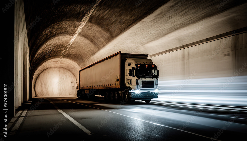  a semi truck driving through a tunnel with lights on its sides and a car driving down the road in 