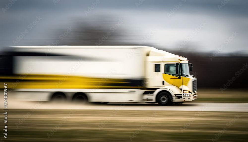  a white and yellow semi truck driving down a road in the middle of the day with a blurry background