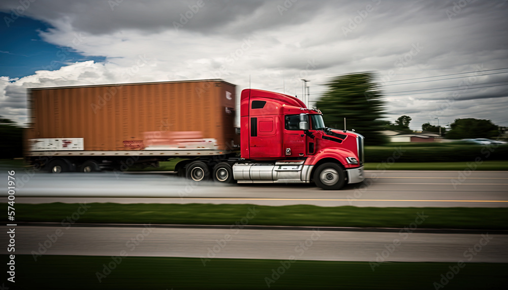  a red semi truck driving down a street next to a field of green grass and a brown box on the back o