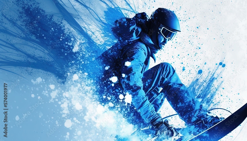  a man riding a snowboard down the side of a snow covered slope in the air with a blue sky behind hi