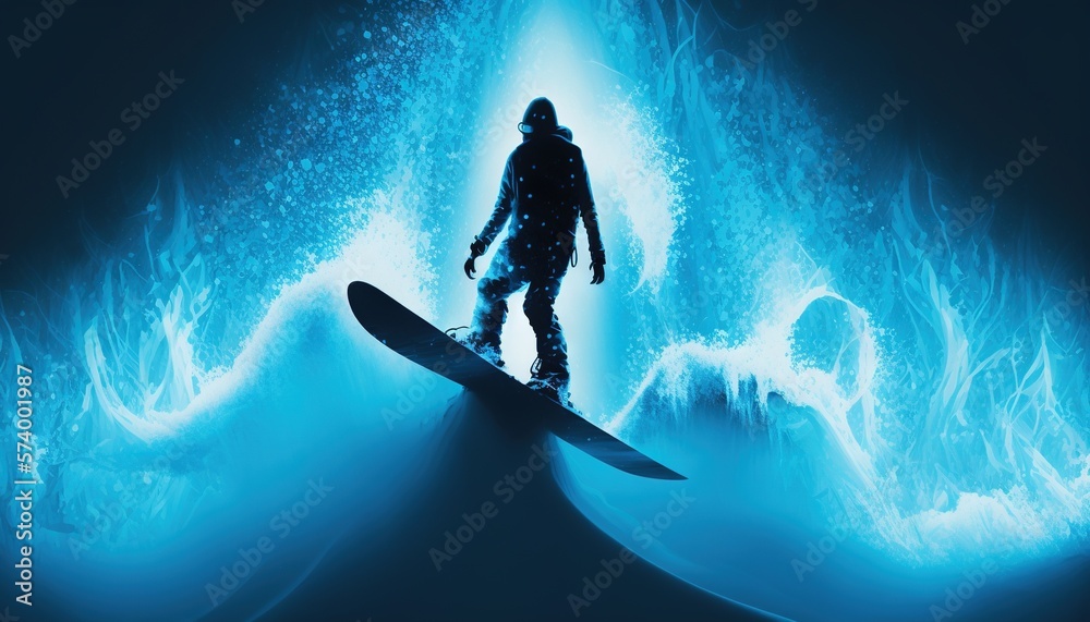  a man standing on a surfboard in a blue wave of water with a bright light coming from behind him an