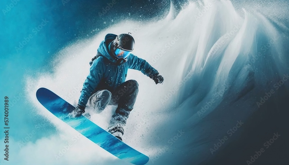  a snowboarder in a blue jacket is in the air above a wave of snow and a blue sky with white clouds 