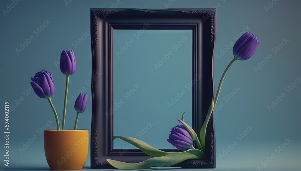  a picture frame with purple flowers in it next to a vase with purple flowers in it and a yellow vas