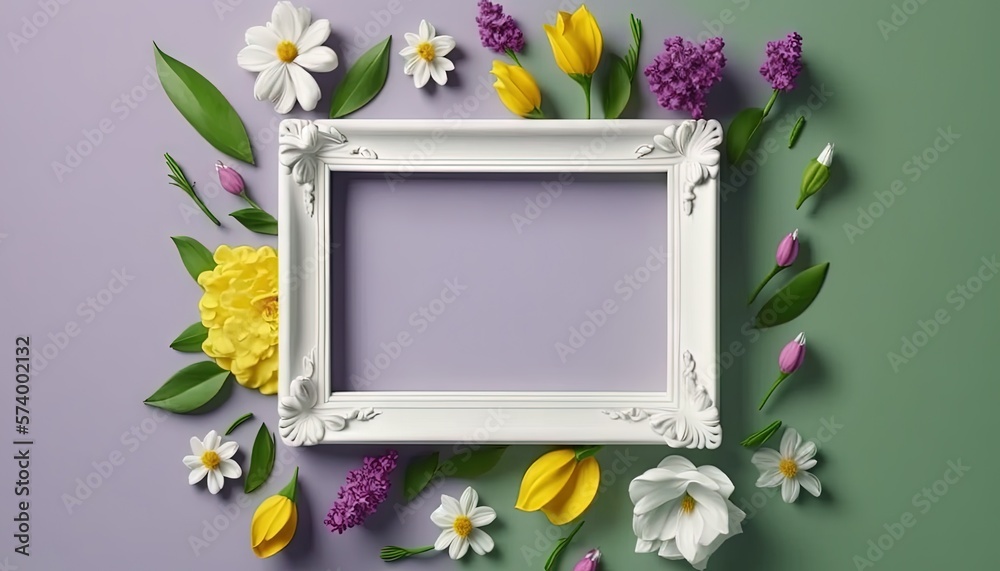  a white frame surrounded by flowers on a purple and green background with a white frame on the left