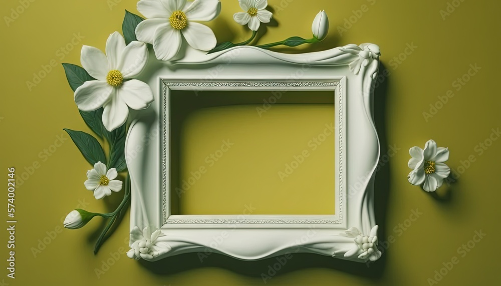  a white frame with flowers on a yellow background with a green border around the frame and a white 