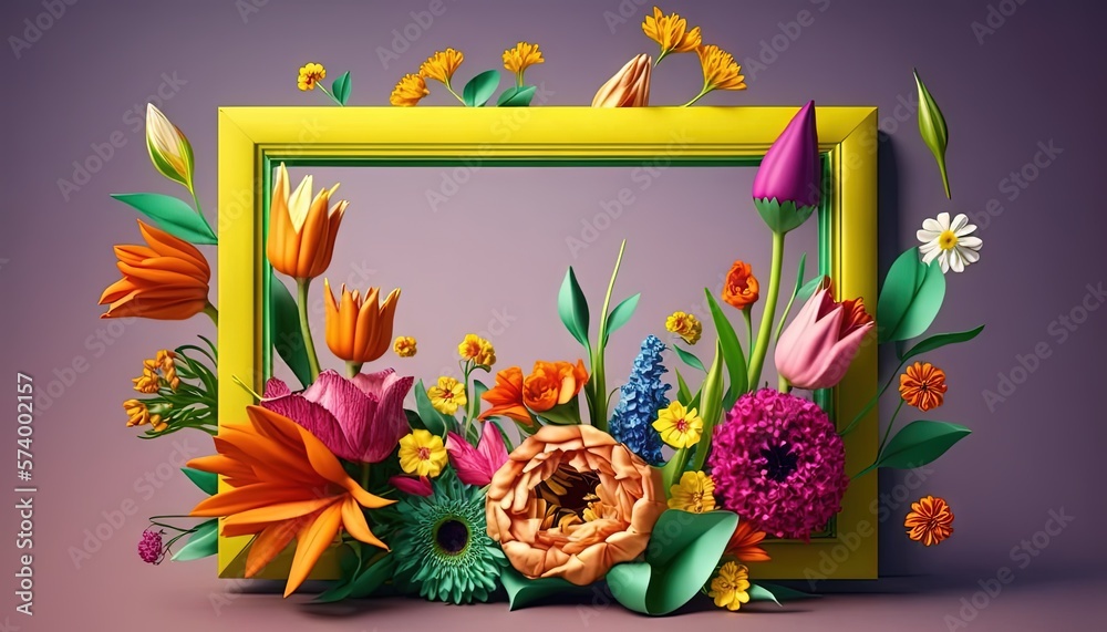  a picture frame with a bunch of flowers in front of a purple background with a yellow frame on the 