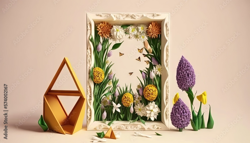  a picture frame with flowers and butterflies in it and a paper sculpture in the middle of the frame