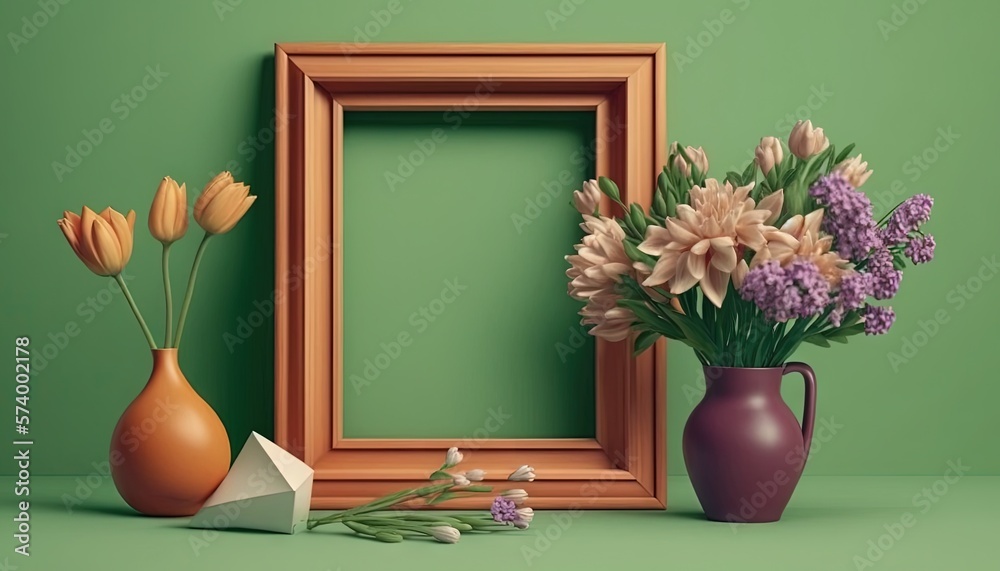  a vase of flowers and a picture frame on a green surface with flowers in it and a paper boat in fro