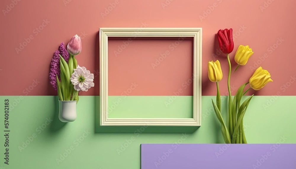  a vase with flowers and a picture frame on a wall next to a vase with flowers on a wall and a vase 