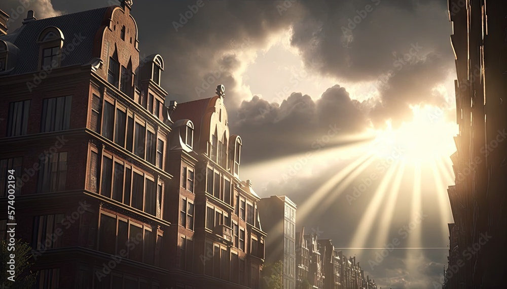  the sun is shining through the clouds over a row of buildings in a city with tall buildings on eith