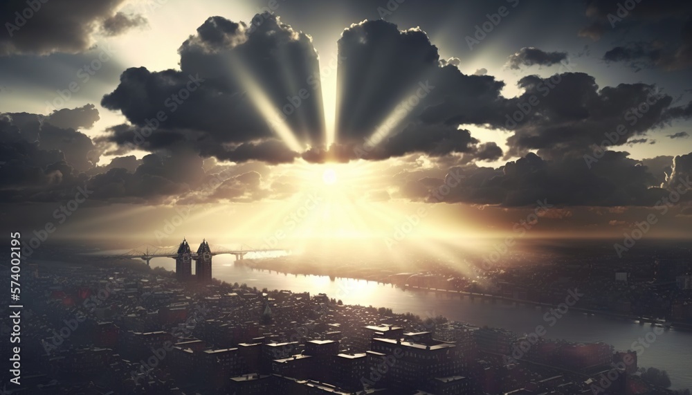  the sun is shining through the clouds over the city of a city with a bridge in the distance and a r