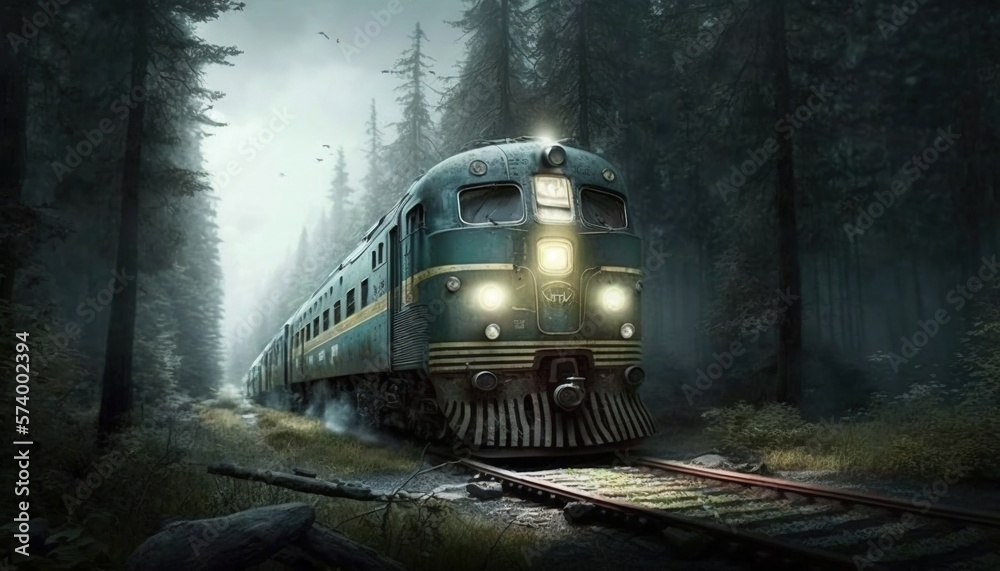  a train traveling through a forest filled with tall trees and a forest filled with birds at night w