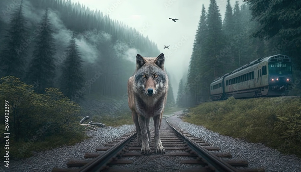  a wolf standing on a train track in the middle of a forest with a train passing by on a foggy day w