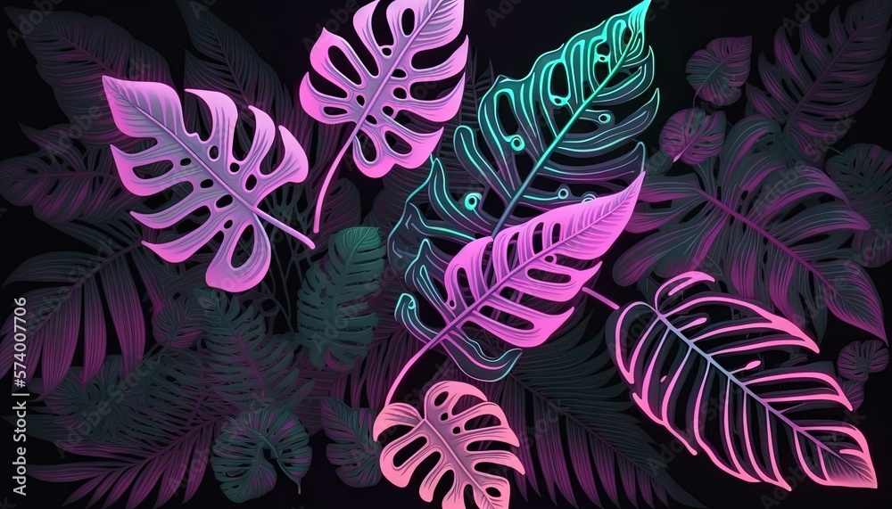  a bunch of different colored leaves on a black background with a neon light effect in the middle of