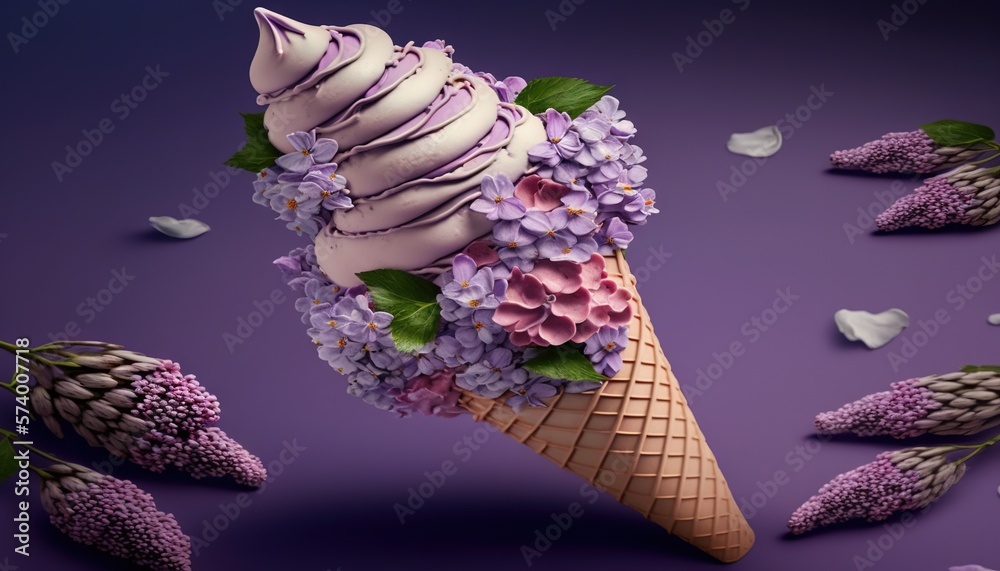  an ice cream cone with flowers and leaves on a purple background with petals scattered around the c