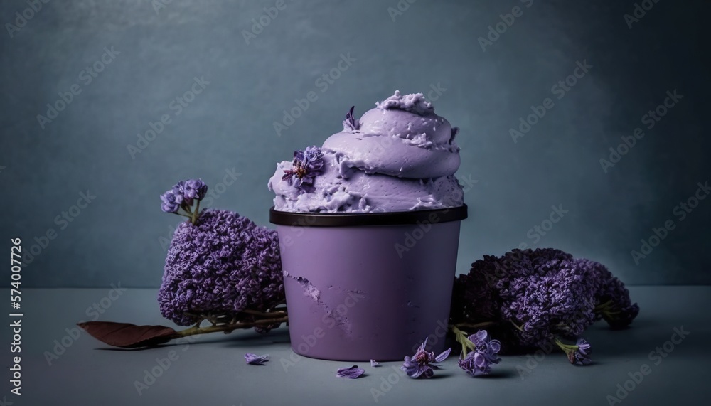  a cup of ice cream with purple flowers on a gray table with a blue background and a gray wall behin