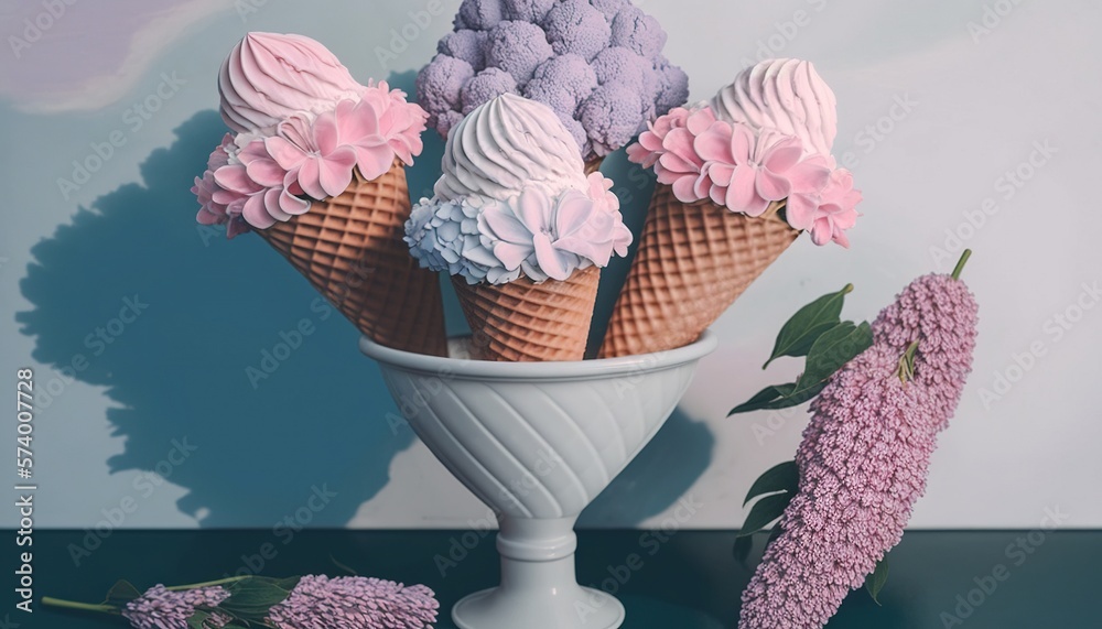  three ice cream cones with pink and blue frosting in a white vase with purple flowers on a table ne