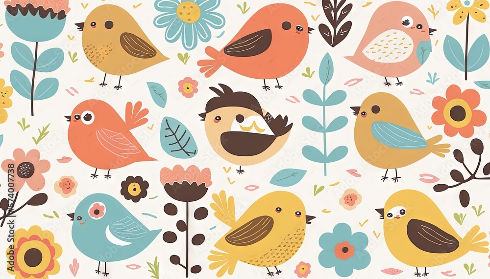  a bunch of birds that are standing in the grass with flowers on its sides and a few birds on the g